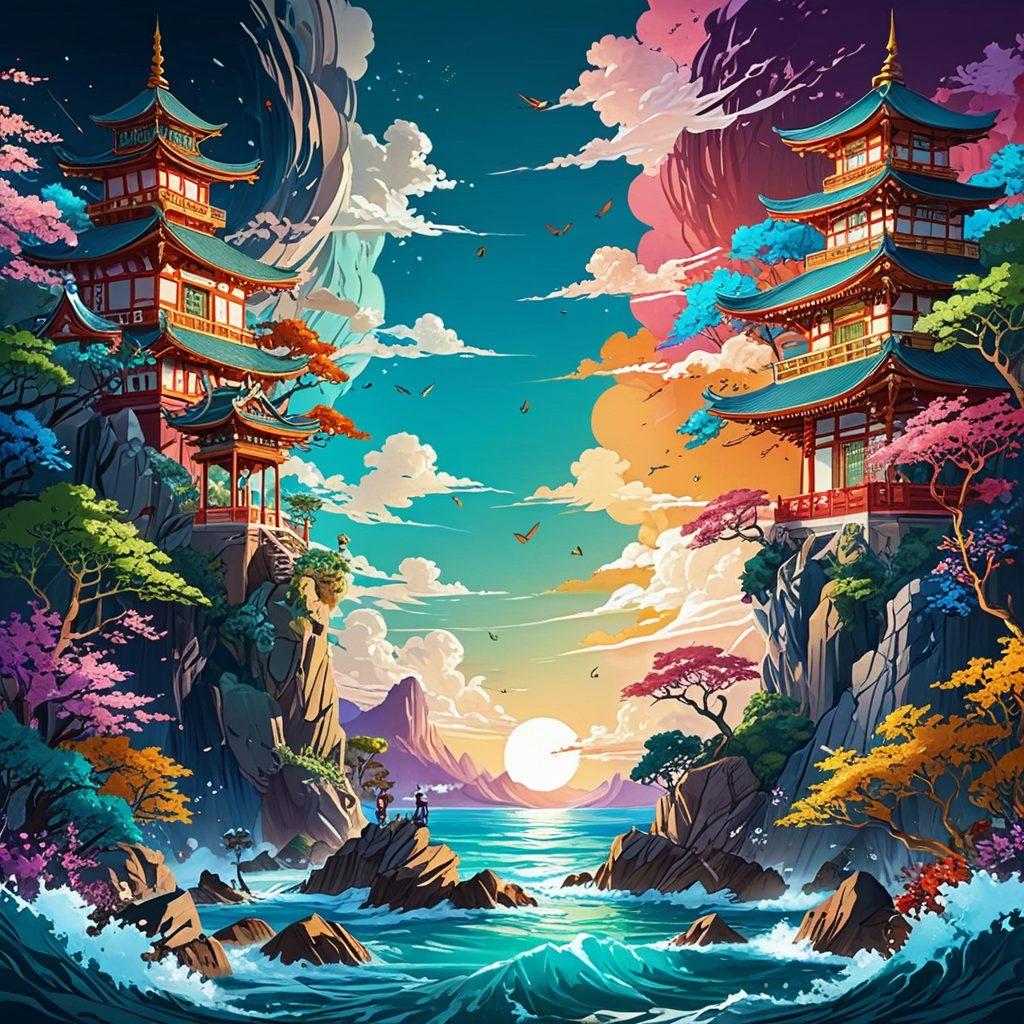 A vibrant split-scene illustration showcasing a luxurious adult animation world on one side, filled with dynamic characters and provocative designs, contrasted with an artistic, cerebral representation of anime culture on the other, featuring iconic elements like traditional art styles and fantasy landscapes. The two worlds connect through a flowing artistic ribbon that merges the two themes, highlighting their influence on each other. super-realistic. vibrant colors. digital art.