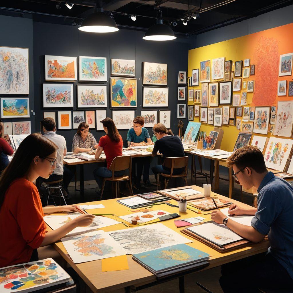 A colorful and dynamic collage showcasing the creative process of adult animation, featuring artists working at drawing boards, characters in various stages of development, and fans engaging with the art. Include visual elements like animation cels, sketchbooks, and digital screens with vibrant character designs. The background should be a bustling studio filled with art supplies and inspiration. playful art style. vibrant colors. 3D.